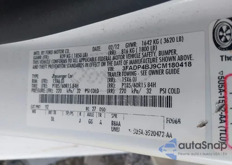 2012 Ford Fiesta Se из США, поврежденный, VIN 3FADP4BJ9CM180418